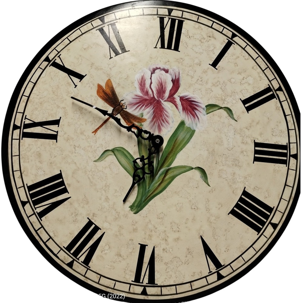 Floral Iris and Dragonfly‎ Wall Clock Roman Numerals Quartz Analog 11.5 Inch